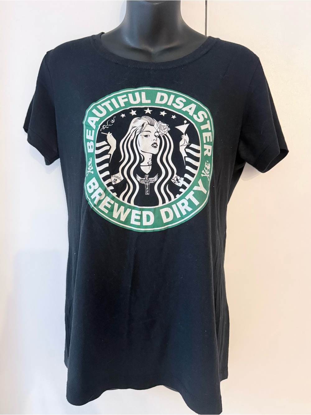 Beautiful Disaster Short Sleeve Graphic Tee with Green and White Emblem